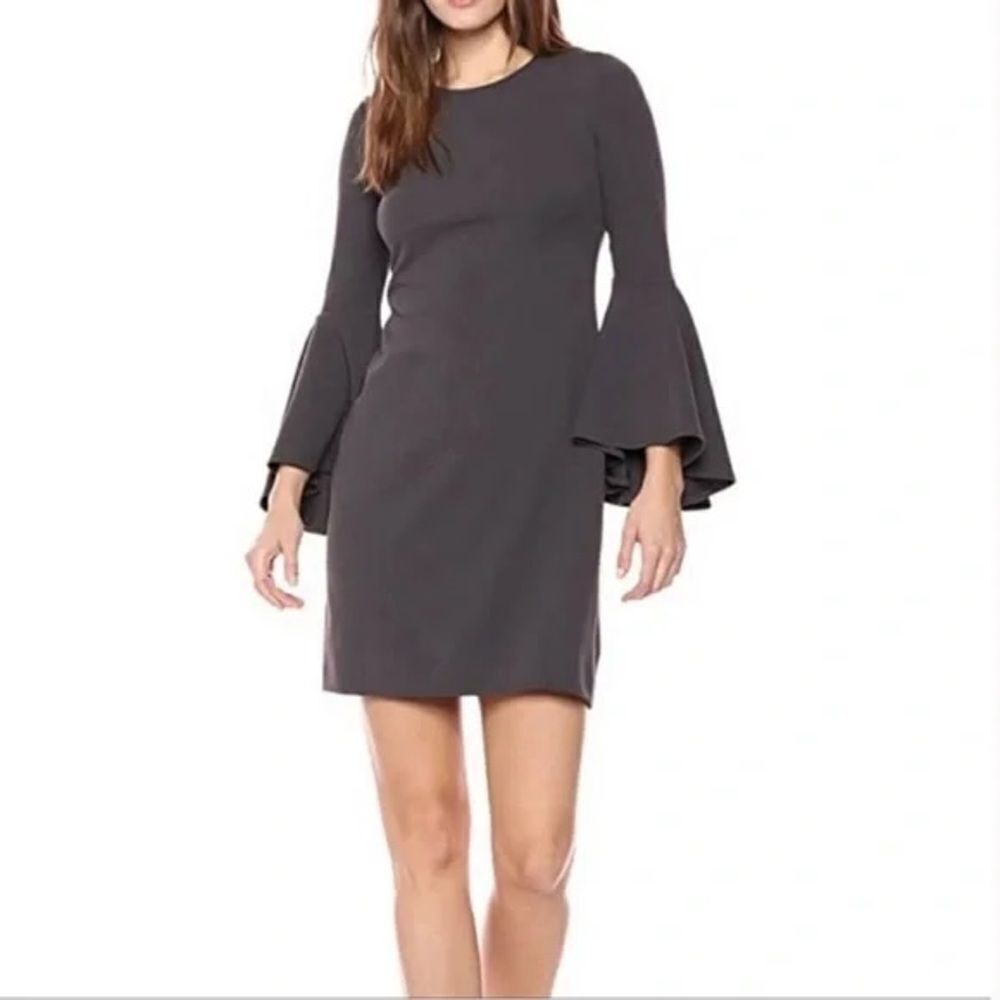 Calvin Klein Boat Neck 3/4 BellโSleeve Peplum Ponte Midi Sheath Dress Gray